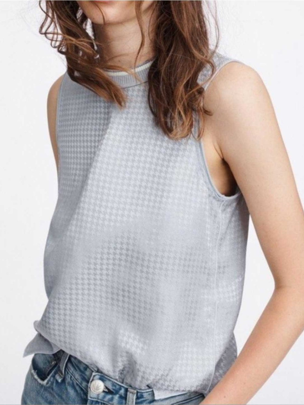 Rag & Bone Satin Houndstooth Tank Top Gray Silver Sleeveless Blouse Shirt